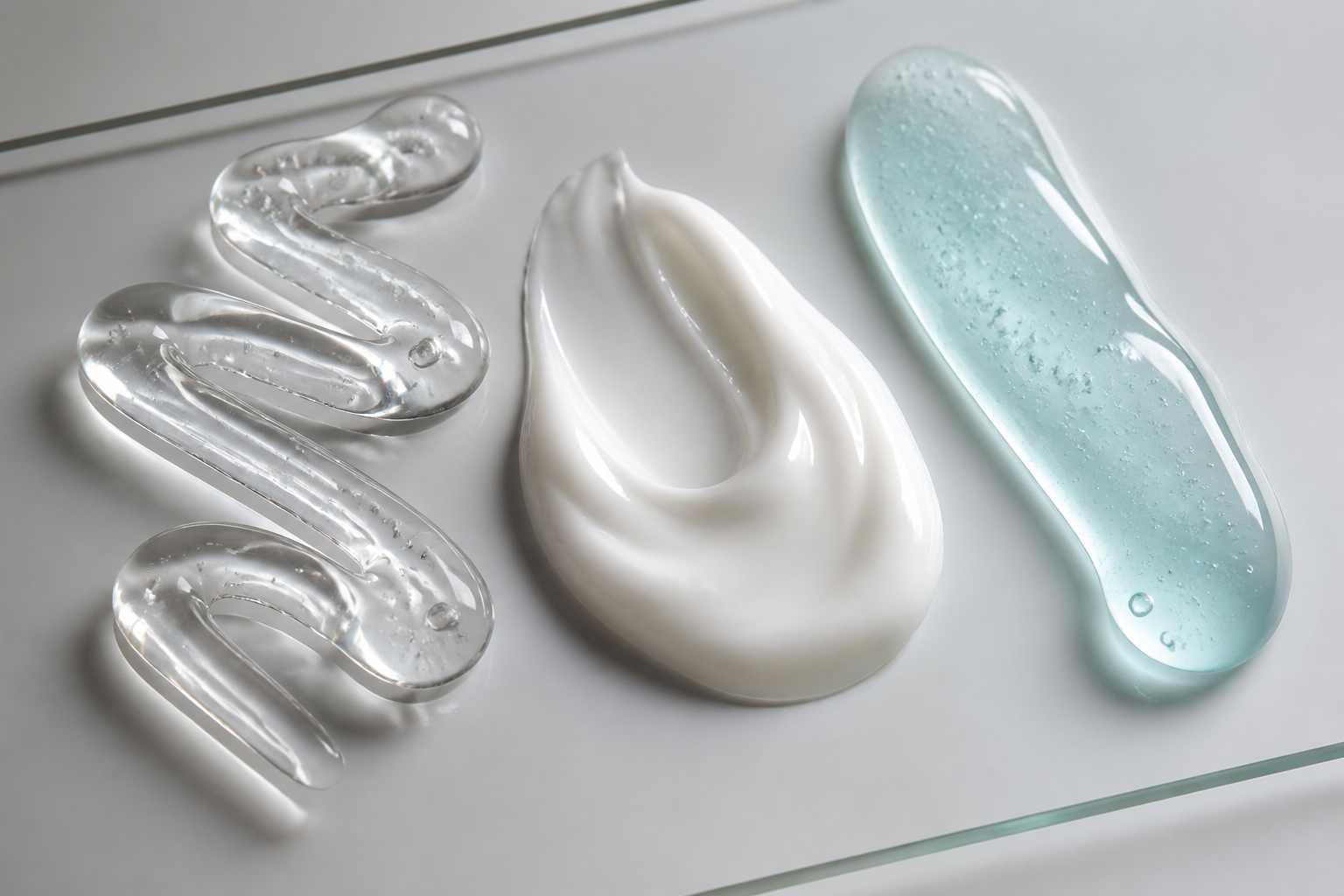 Macro photograph of serum, cream and gel skincare formulation textures on a laboratory glass surface.