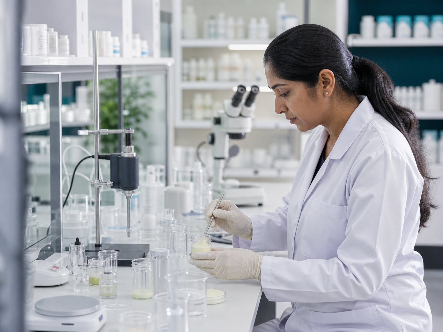 Formulation scientist at Dermatroxx evaluating a cosmetic sample in a controlled laboratory environment.